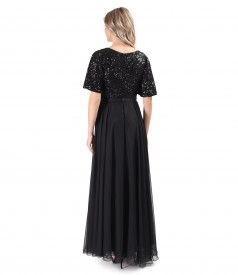 Long dress with bodice and wide sequined sleeves