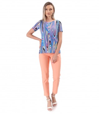 Elegant outfit with pants made of elastic cotton and jersey blouse printed with stripes