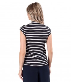 Striped elastic jersey blouse with pleats at the neckline