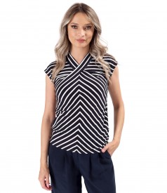 Striped elastic jersey blouse with pleats at the neckline