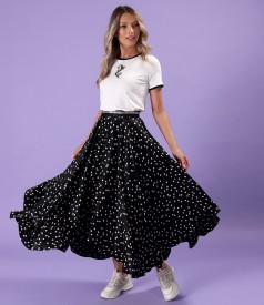 Long skirt made of satin viscose printed with polka dots