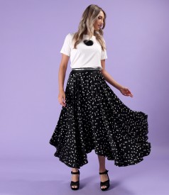 Long skirt made of satin viscose printed with polka dots