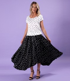 Long skirt made of satin viscose printed with polka dots