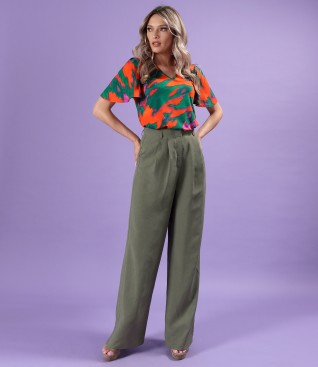 Elastic jersey blouse with short wide sleeves and wide pants