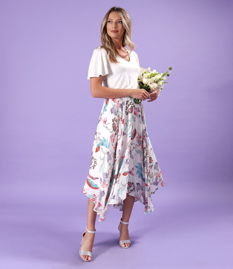 Elegant outfit with jersey blouse and long viscose skirt with silk