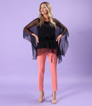Elegant outfit with ankle pants and butterfly blouse made of natural silk veil