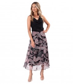 Printed veil midi skirt with viscose satin blouse