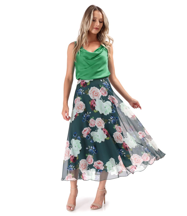 Elegant outfit with printed veil midi skirt with viscose satin blouse