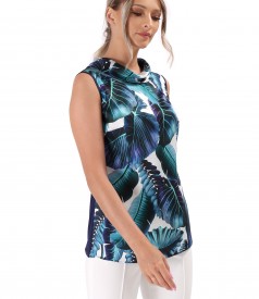 Blouse with front made of digitally printed natural silk