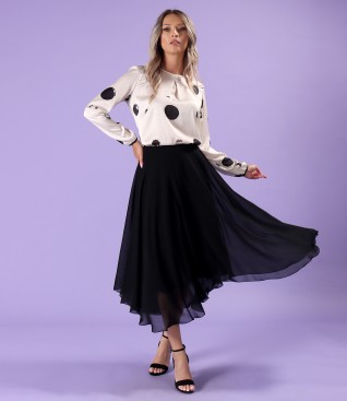 Elegant outfit with veil midi skirt with viscose satin blouse