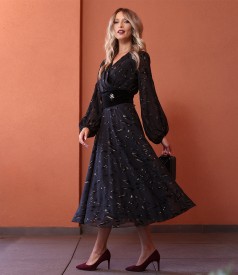 Devore Voile Midi Dress with Brooch at the Waist