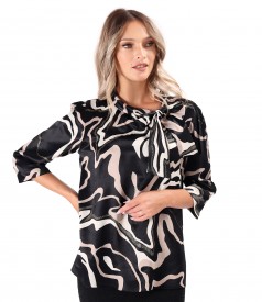 Viscose satin blouse printed with geometric motifs and scarf collar