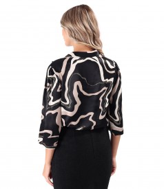 Viscose satin blouse printed with geometric motifs and scarf collar