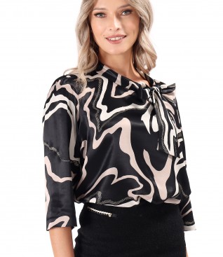 Viscose satin blouse printed with geometric motifs and scarf collar