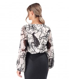 Veil blouse with floral motifs embroidered with velvet