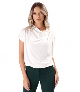 Relaxed-Fit Blouse with Shoulder Pleats in Stretch Jersey