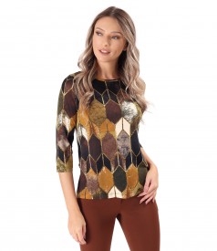 Elastic jersey blouse printed with geometric motifs