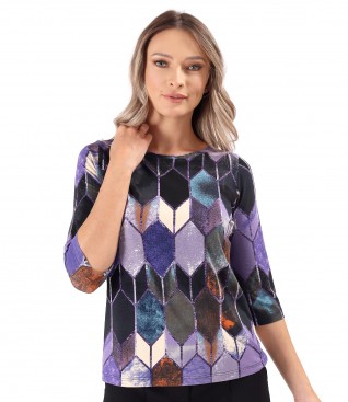 Elastic jersey blouse printed with geometric motifs