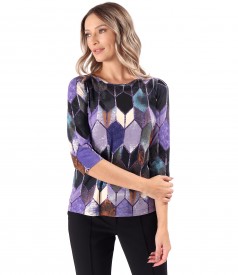 Elastic jersey blouse printed with geometric motifs