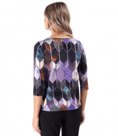 Elastic jersey blouse printed with geometric motifs