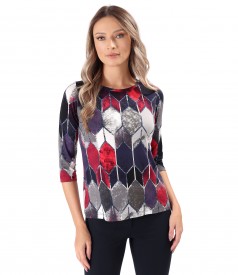 Elastic jersey blouse printed with geometric motifs