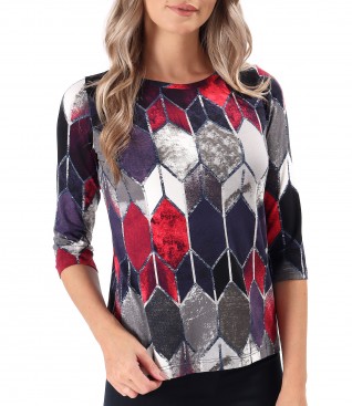 Elastic jersey blouse printed with geometric motifs