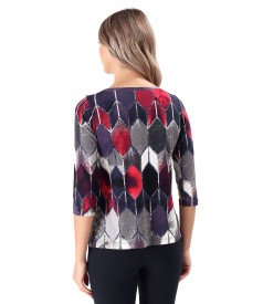 Elastic jersey blouse printed with geometric motifs