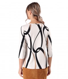 Elastic jersey blouse printed with geometric motifs