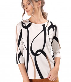 Elastic jersey blouse printed with geometric motifs