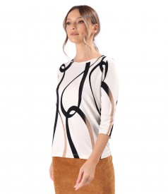 Elastic jersey blouse printed with geometric motifs