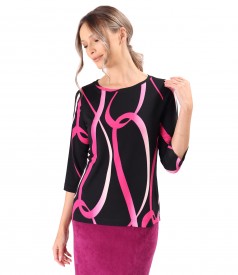 Elastic jersey blouse printed with geometric motifs