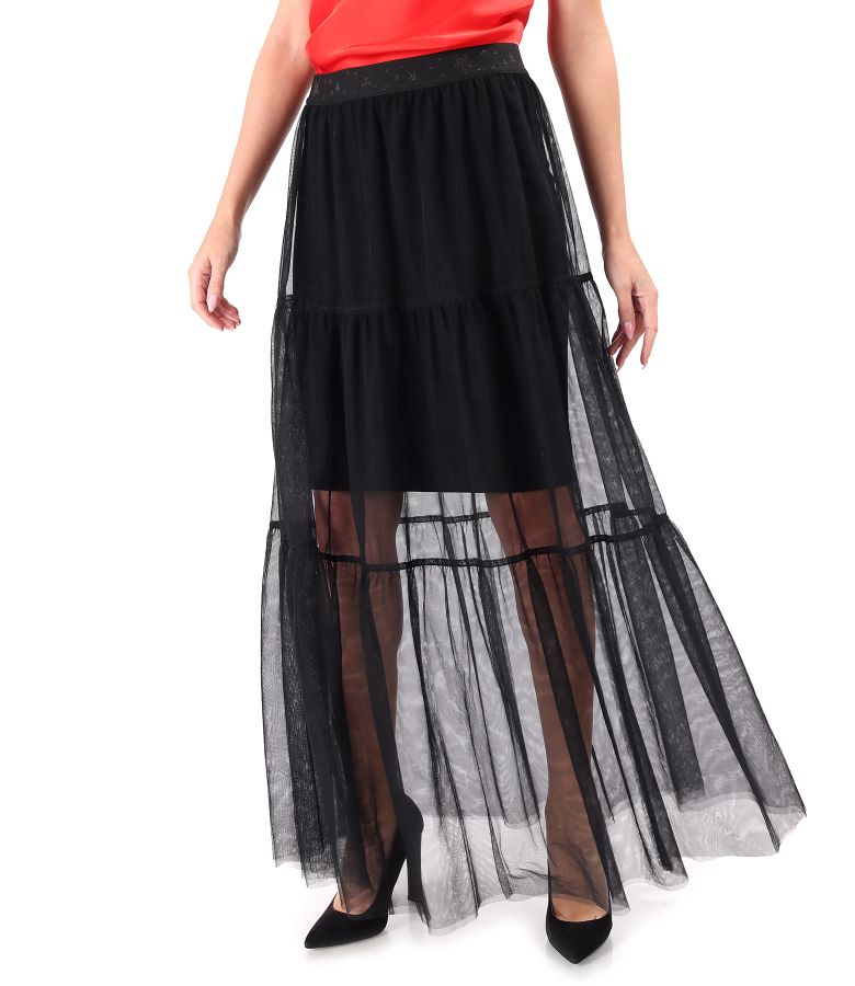 Long black tulle skirt with removable petticoat