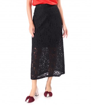 Midi skirt made of lace and cotton with floral motifs