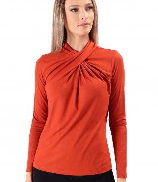 Elastic viscose jersey blouse with pleats at the neckline