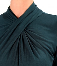 Elastic viscose jersey blouse with pleats at the neckline