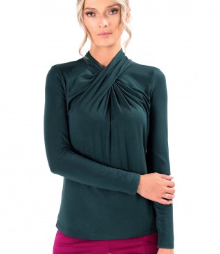 Elastic viscose jersey blouse with pleats at the neckline