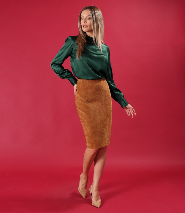 Office outfit with tapered skirt and viscose satin blouse