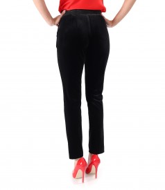 Black elastic velvet pants with elastic band at the waist