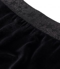 Black elastic velvet pants with elastic band at the waist