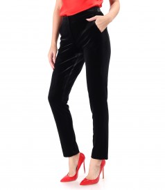 Black elastic velvet pants with elastic band at the waist