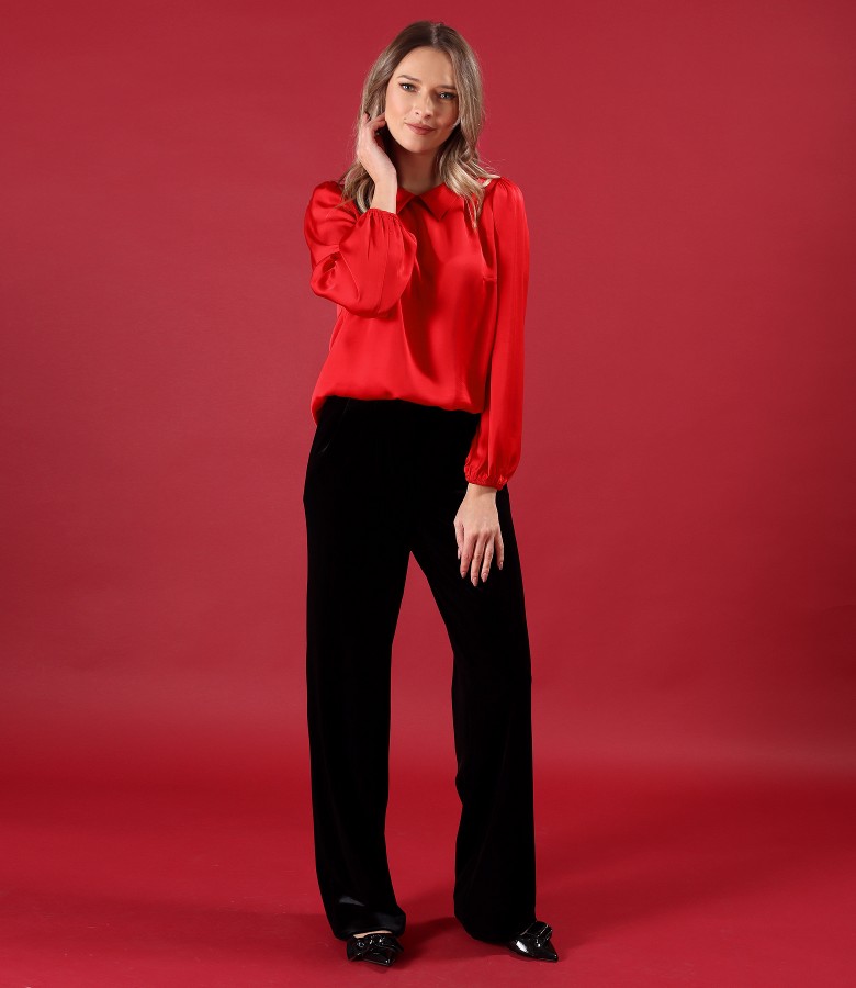 Viscose satin blouse with wide velvet pants