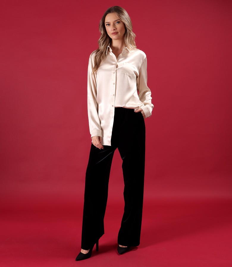 Viscose satin shirt with black stretch velvet wide-leg pants