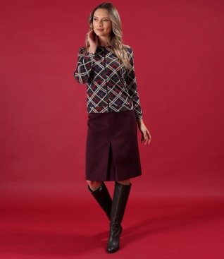 Thick elastic jersey blouse with front zipper and flared skirt