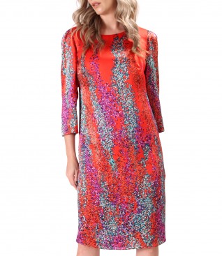 Loose-fitting natural silk dress printed with geometric motifs