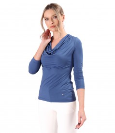 Elastic jersey blouse with pleated neckline and 3/4 sleeves