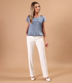 Elegant outfit with straight pants and loose satin viscose blouse