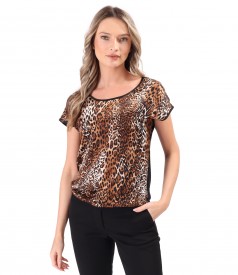 Blouse with natural silk front and animal print