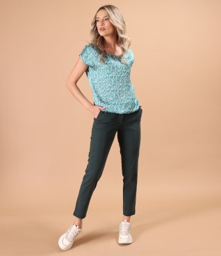 Ankle pants with printed satin blouse