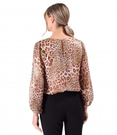 Bluza cu falduri la decolteu din voal cu animal print si fir de lurex